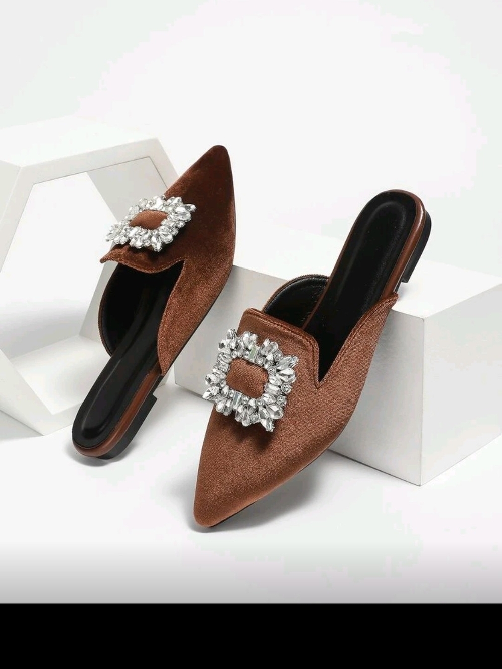 Embellished Pointed Toe Brown Velvet Mules